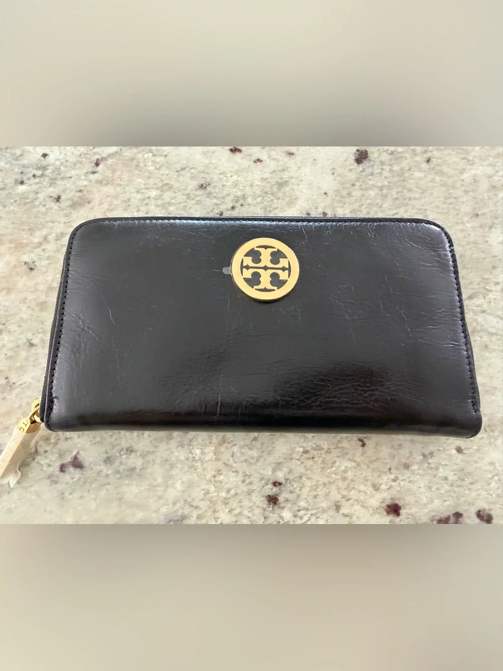 Tory Burch Black Leather Continental Wallet with Gold Logo Medallion